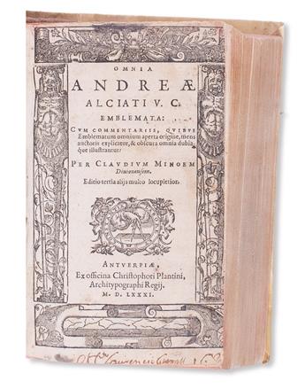 ALCIATI, ANDREA. Omnia . . . emblemata.  1581.  Expurgated copy, with one text leaf removed.